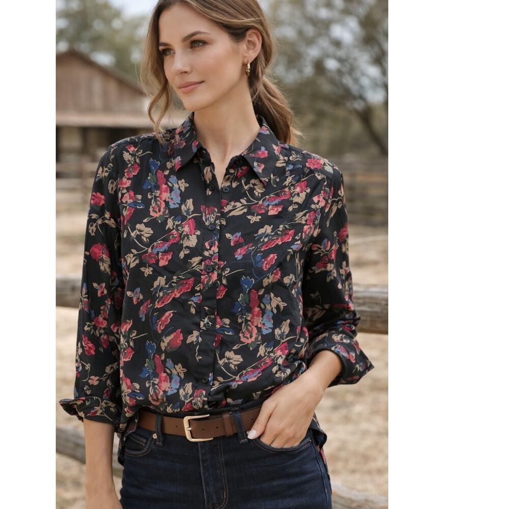 Chaps Black Floral Western Button Up Blouse Stretch Soft Large